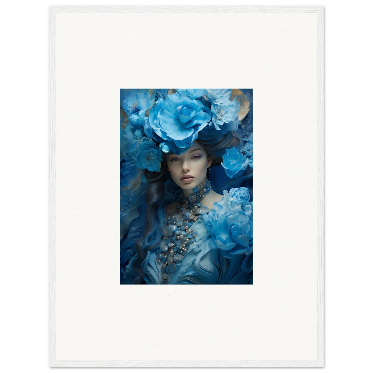 Framed canvas print of Dreaming Blue Symphony featuring blue floral figure for room decoration