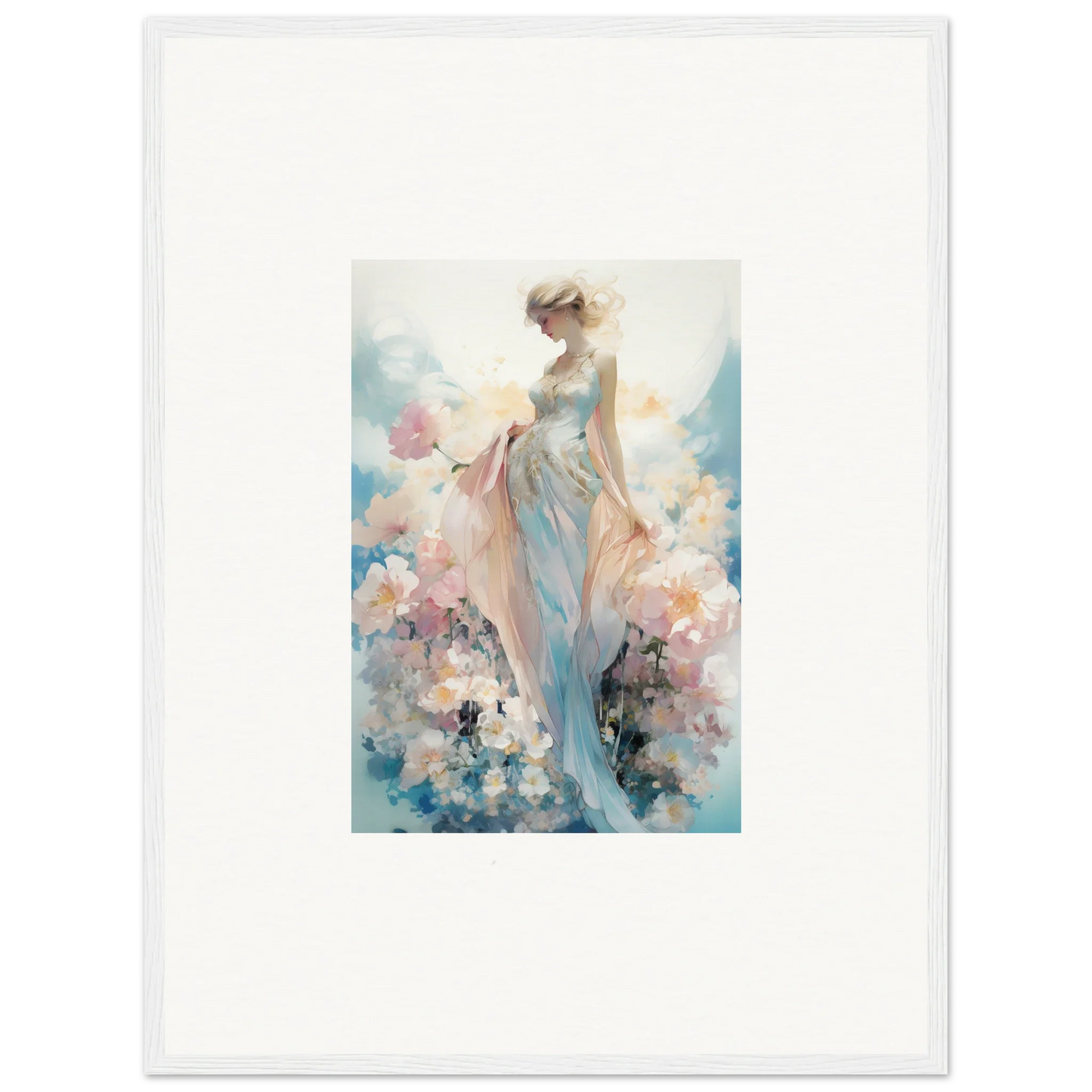 Ethereal painting of a woman in a dress with colorful flowers, perfect for room decoration