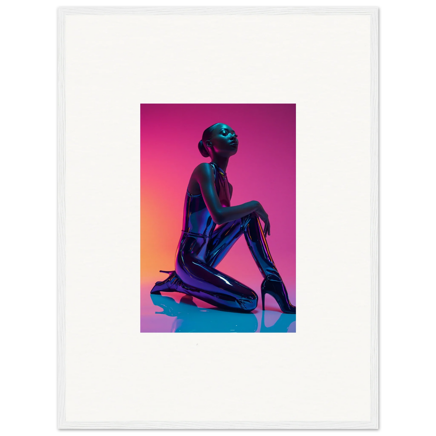 Silhouette of a kneeling figure on Neon Vortex Wonder canvas print for vibrant room decoration