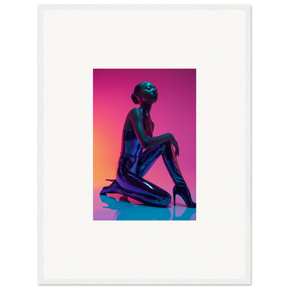 Silhouette of a kneeling figure on Neon Vortex Wonder canvas print for vibrant room decoration