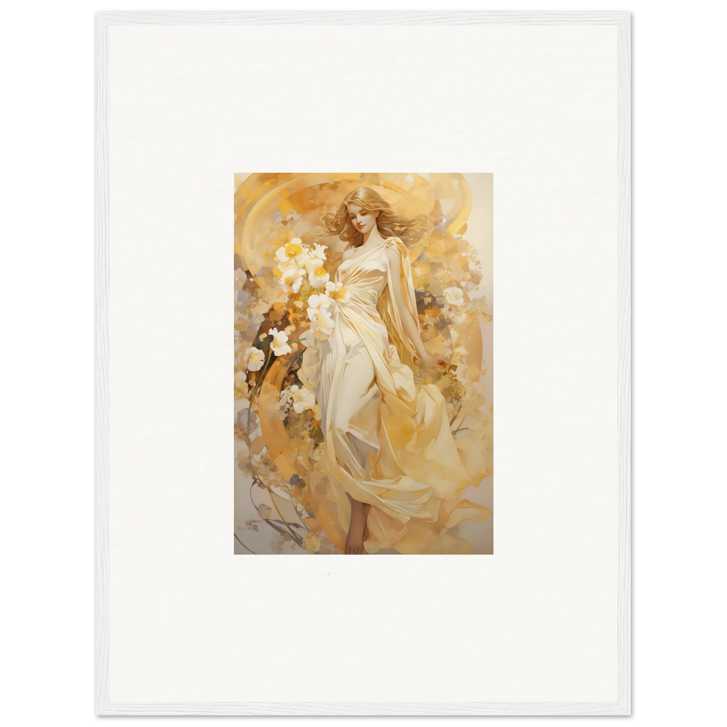 Ethereal Symphony canvas print of a woman in a flowing white dress with flowers