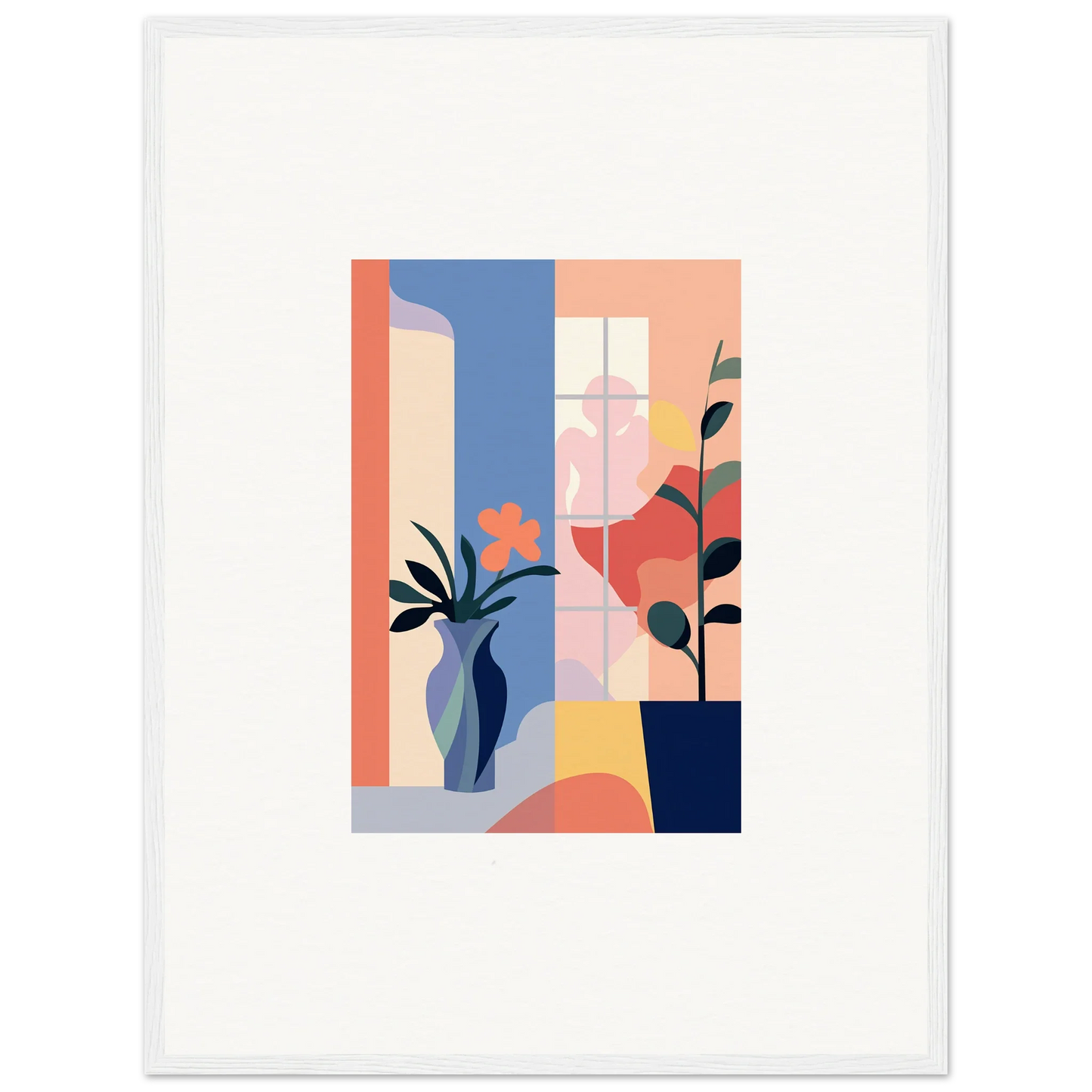 Abstract geometric canvas print with pastel plants and vases for stylish room decoration