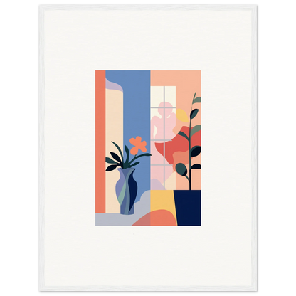 Abstract geometric canvas print with pastel plants and vases for stylish room decoration