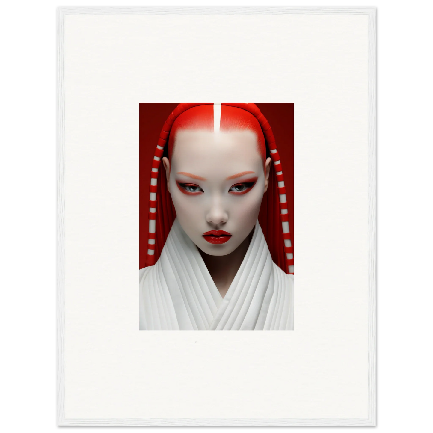 Portrait of a person in white makeup and headdress for Pome Artcard Whisper