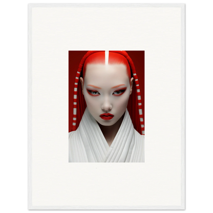 Portrait of a person in white makeup and headdress for Pome Artcard Whisper