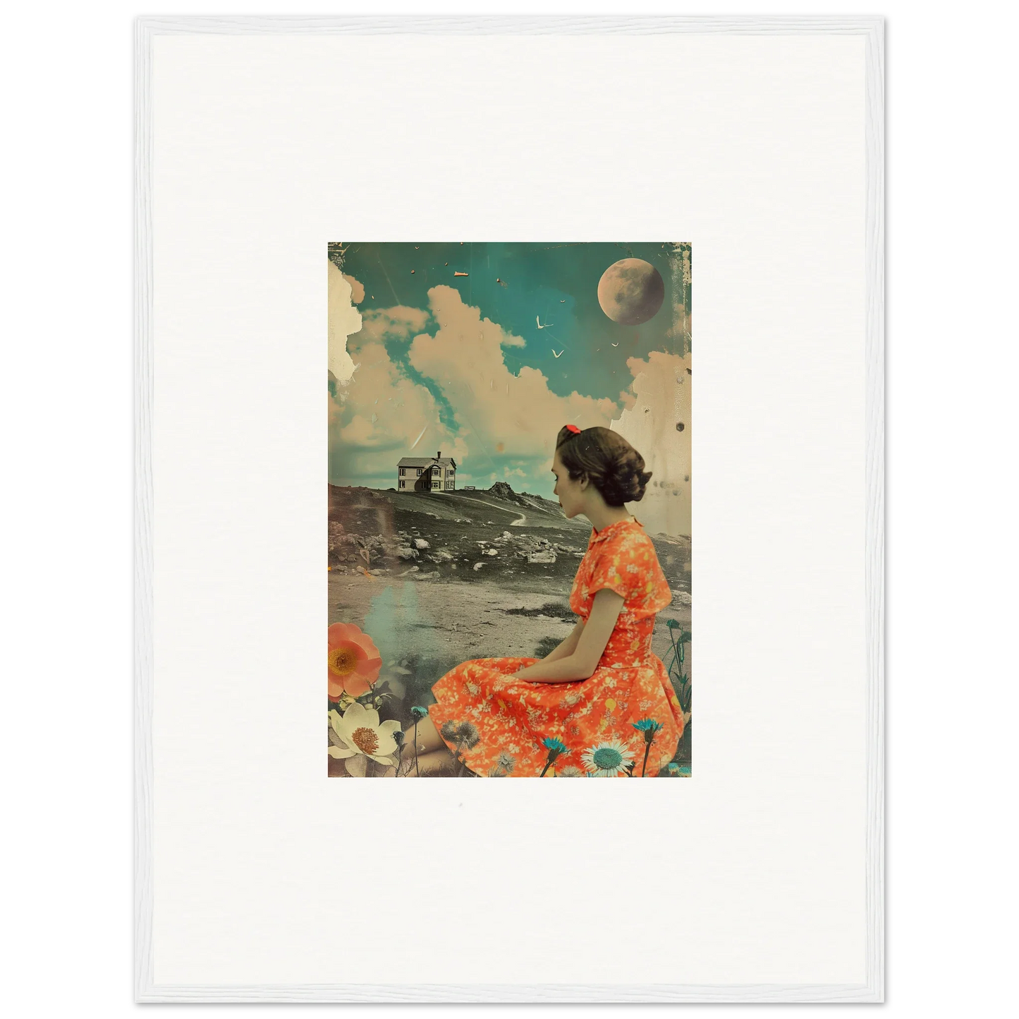 Woman in a bright orange floral dress on a barren landscape for Color Reverie canvas print