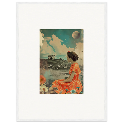 Woman in a bright orange floral dress on a barren landscape for Color Reverie canvas print