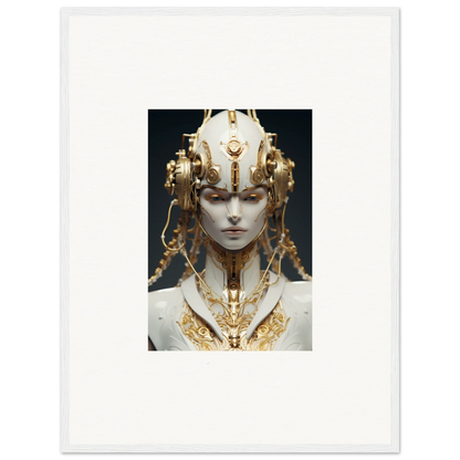 Ornate golden headdress and necklace on an ethereal face, perfect for canvas print decor