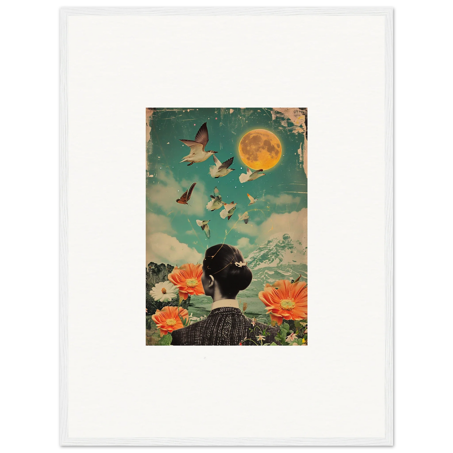 Surreal collage of a woman with flying birds and flowers under the full moon, perfect for room decoration as a canvas print in Bloom Reverie style