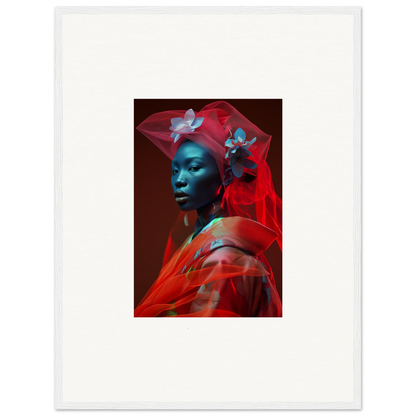 Portrait of a person with blue skin in red fabric and floral headdress for velvet botanicals canvas print