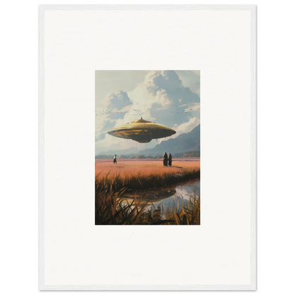 Flying saucer-shaped UFO hovering over drifting suns canvas print for cool room decoration