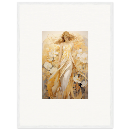 Ethereal woman in golden robes among whispering petals for dreamy room decoration canvas print