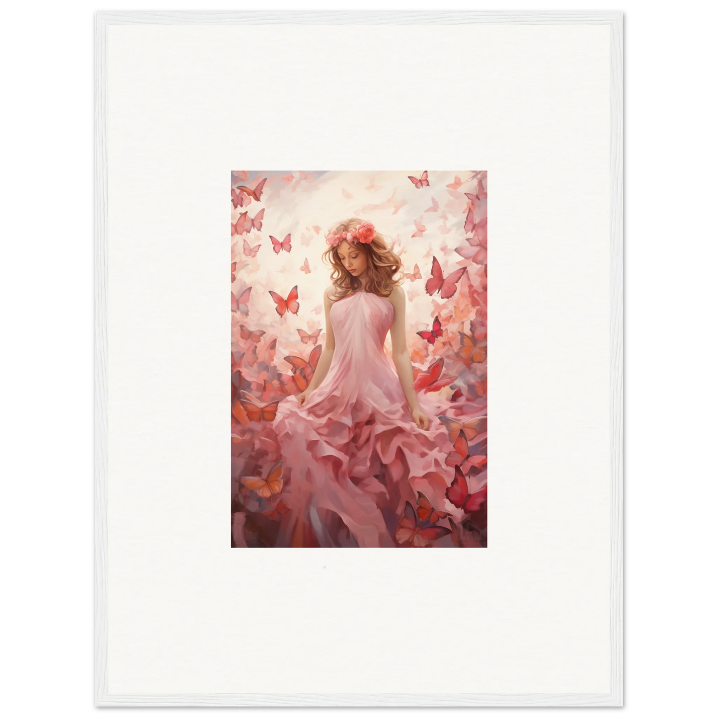 Woman in a pink dress with butterflies, perfect for autumn lattice room decoration