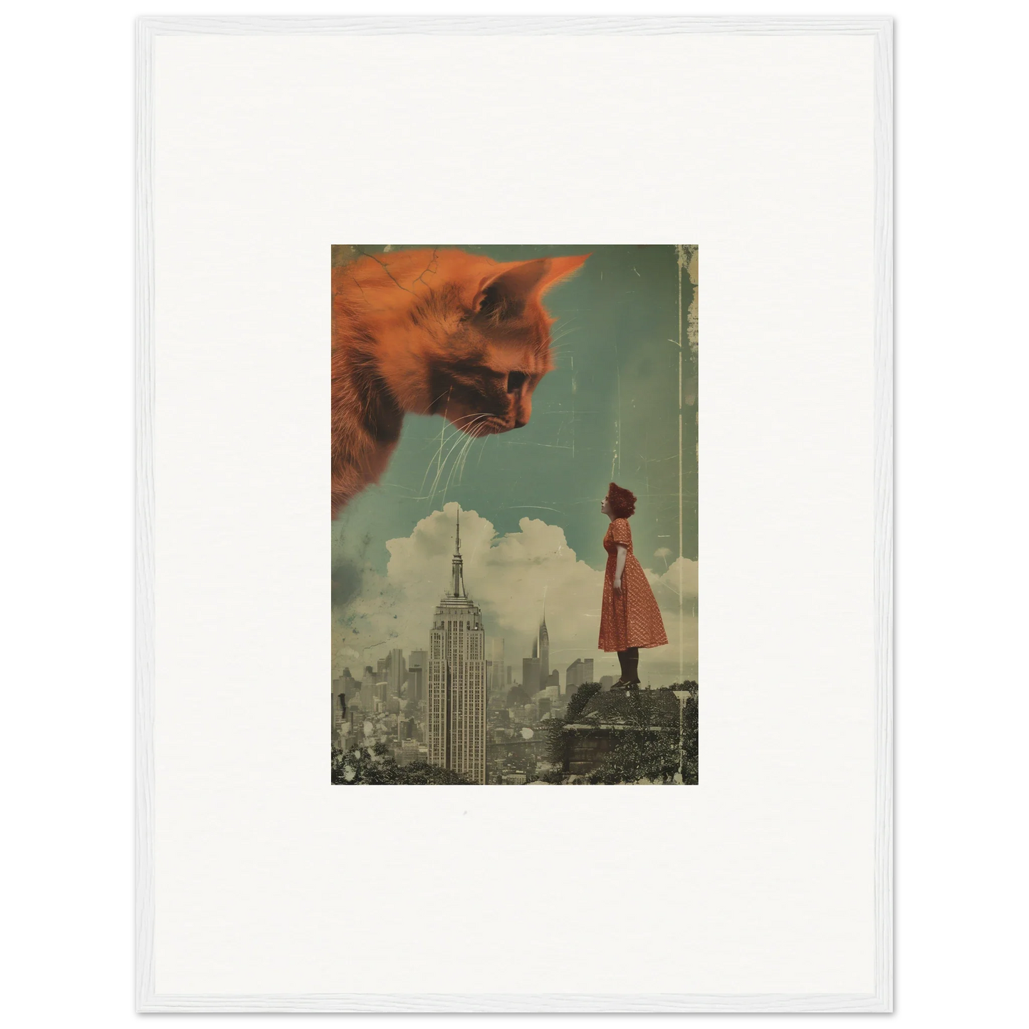 Surreal collage of a giant cat’s head and NYC skyline for unique room decor framed wall art