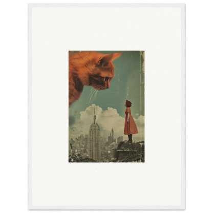 Surreal collage of a giant cat’s head and NYC skyline for unique room decor framed wall art