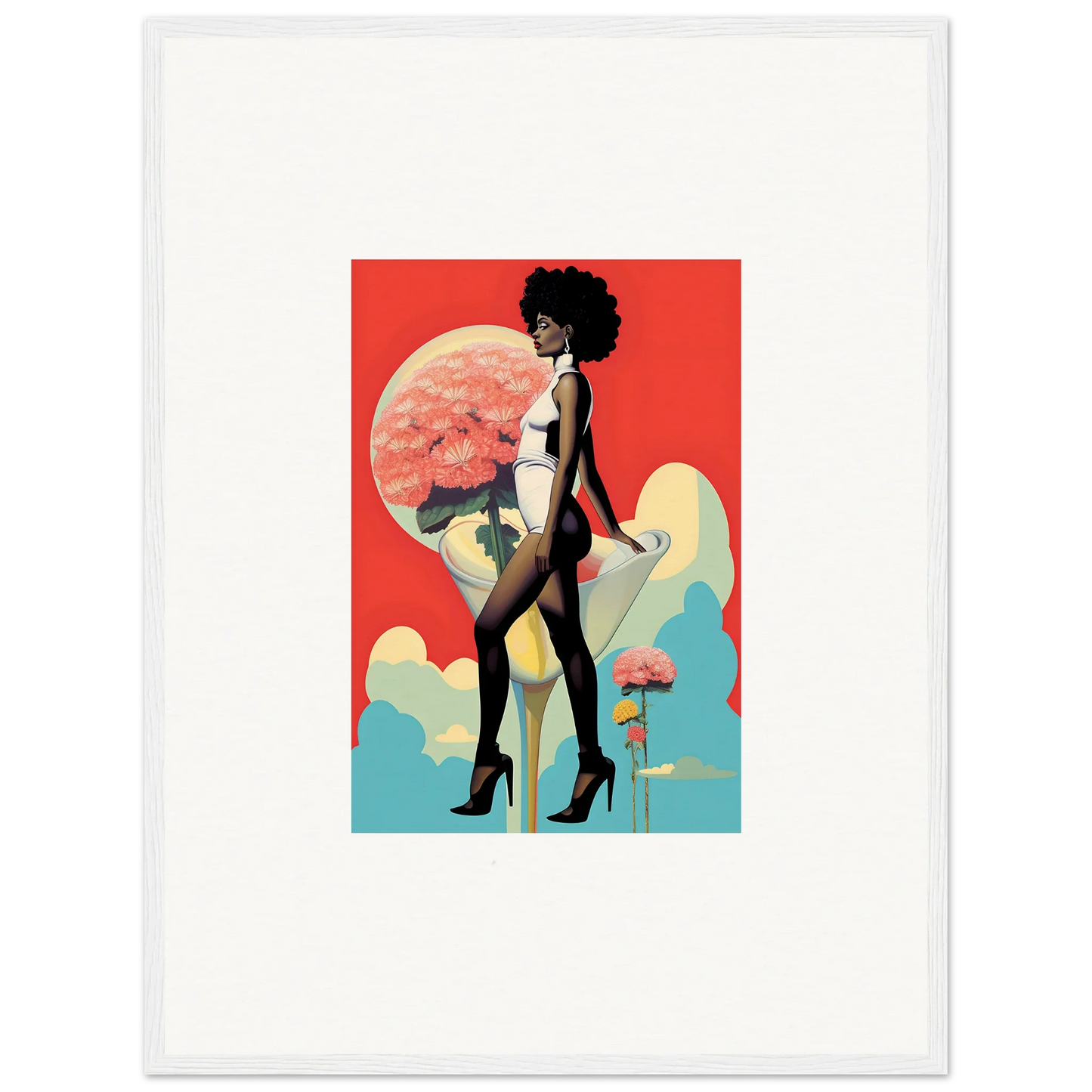 Stylized woman with afro in retro-futuristic floral highs canvas print for room decoration