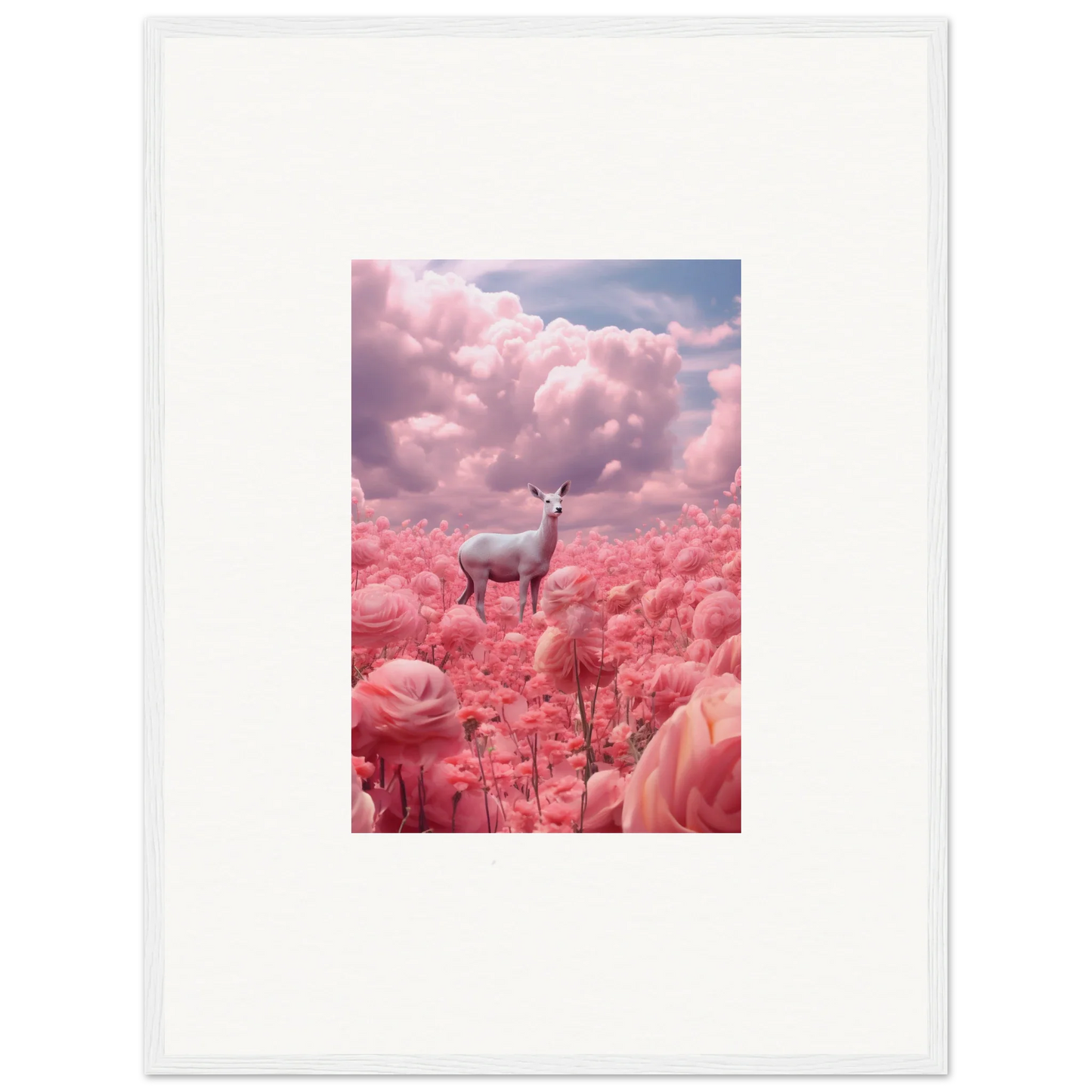 Deer surrounded by pink flowers under rosy clouds in Petaled Phantasm wall art