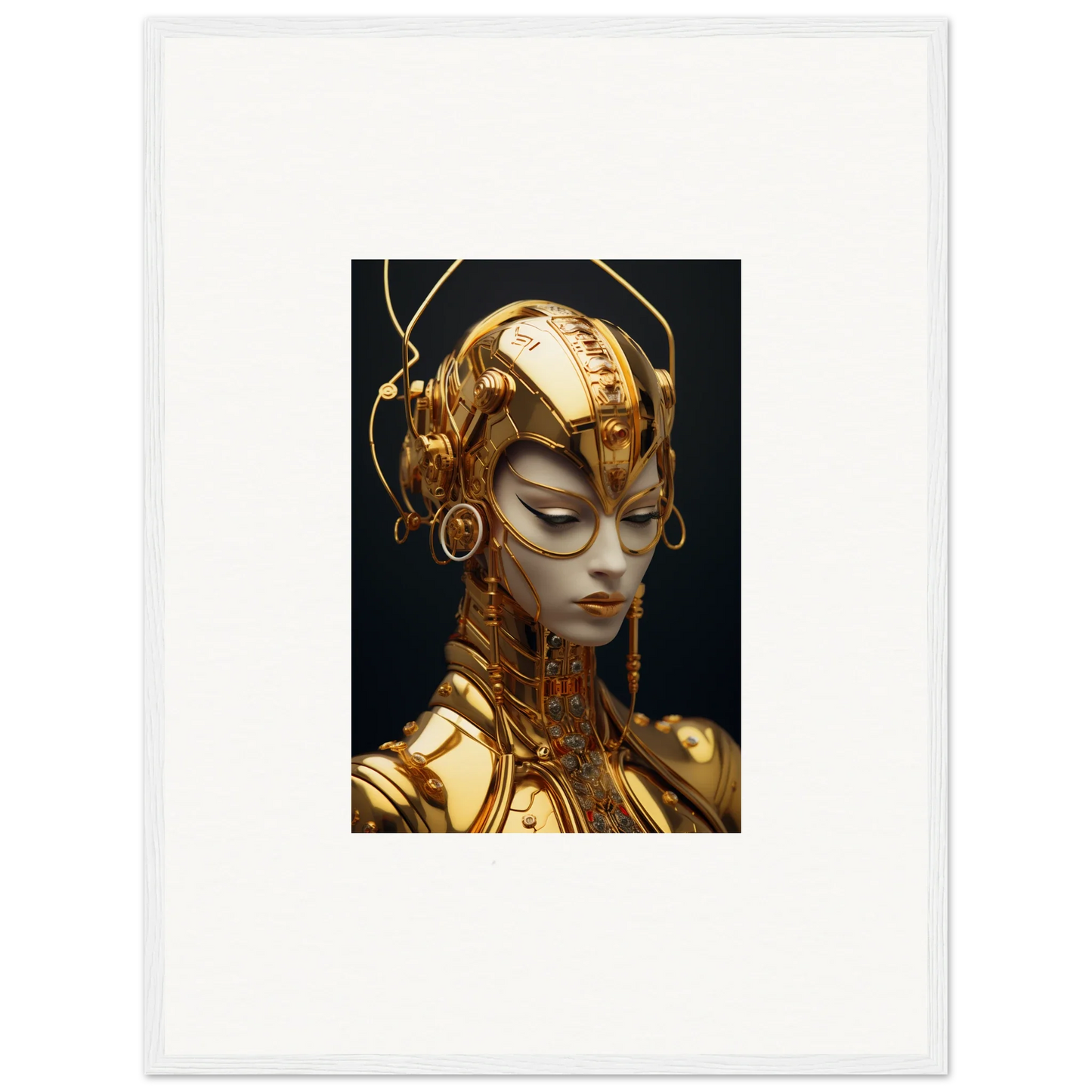 Golden robotic figure with intricate headpiece, perfect for Moulin Mystique canvas print room decoration