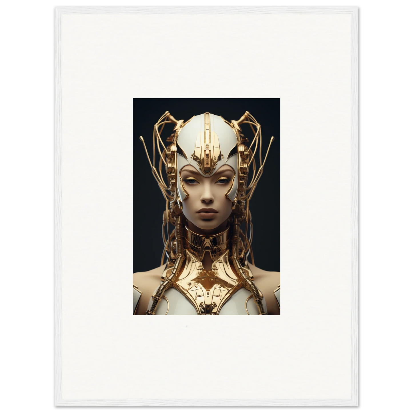 Futuristic golden headdress on a regal figure for Future Echoes Muse canvas print