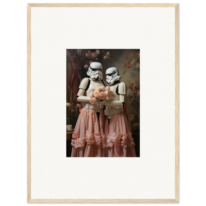 Framed photograph of two Stormtroopers wearing pink tulle skirts and holding a bouquet.