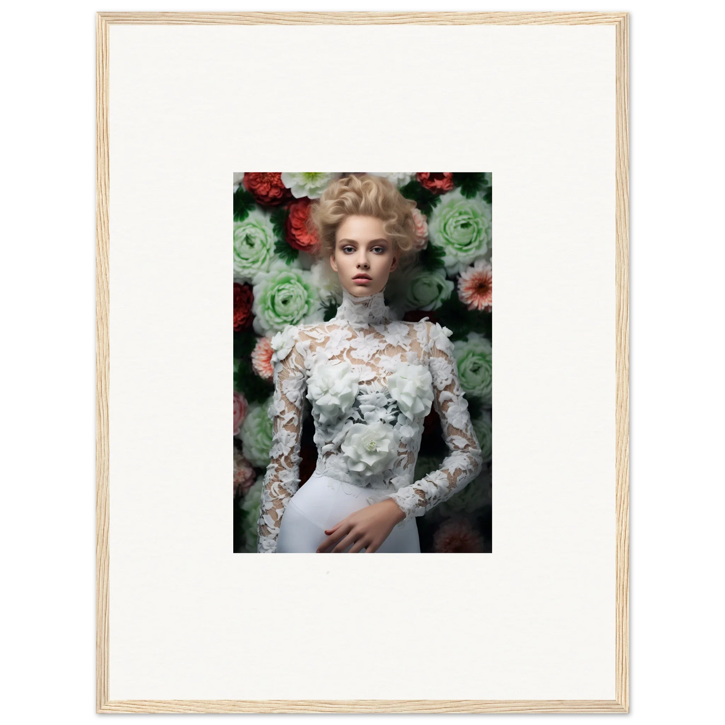 Framed photograph of a woman in an ornate white lace dress against a floral backdrop.