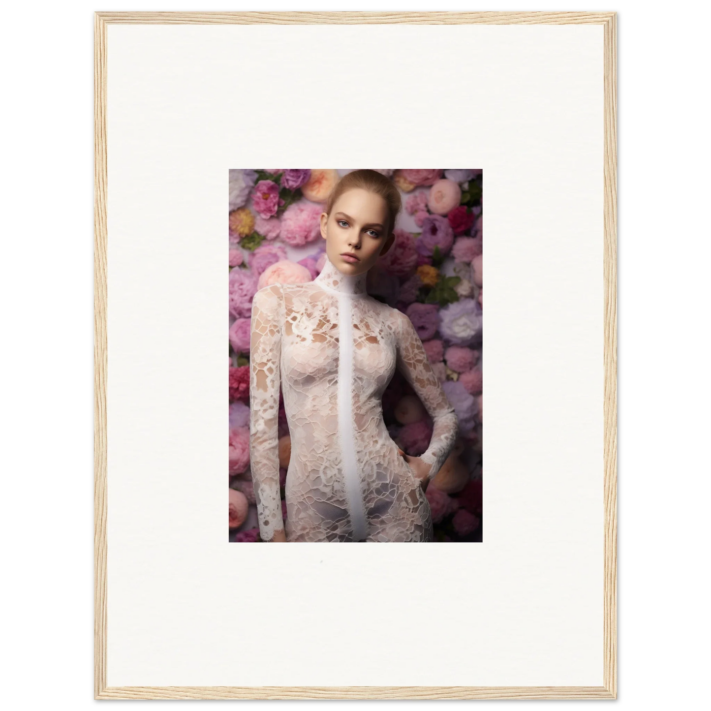 Framed portrait photograph of a woman wearing a sheer lace garment against a floral backdrop.