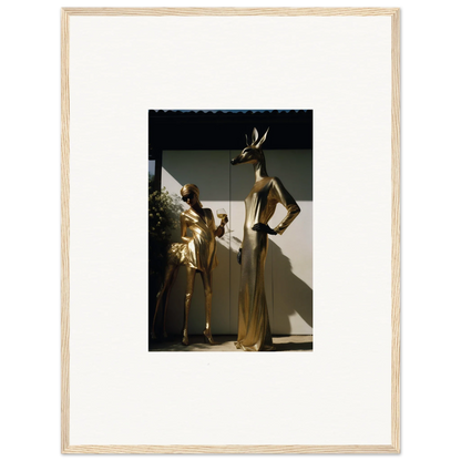 Framed photograph of two golden mannequins wearing elegant evening gowns.