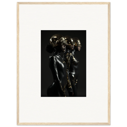 Dark metallic sculpture depicting multiple human figures in close proximity.