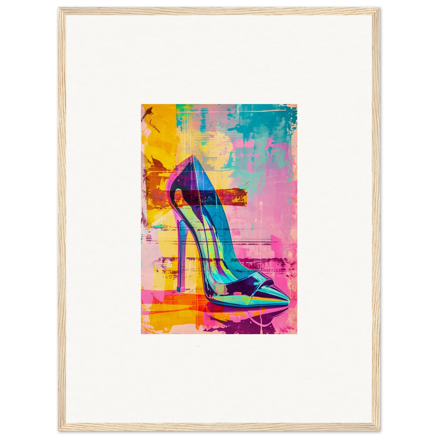 Colorful pop art high-heeled shoe for stylish room decor or framed wall art