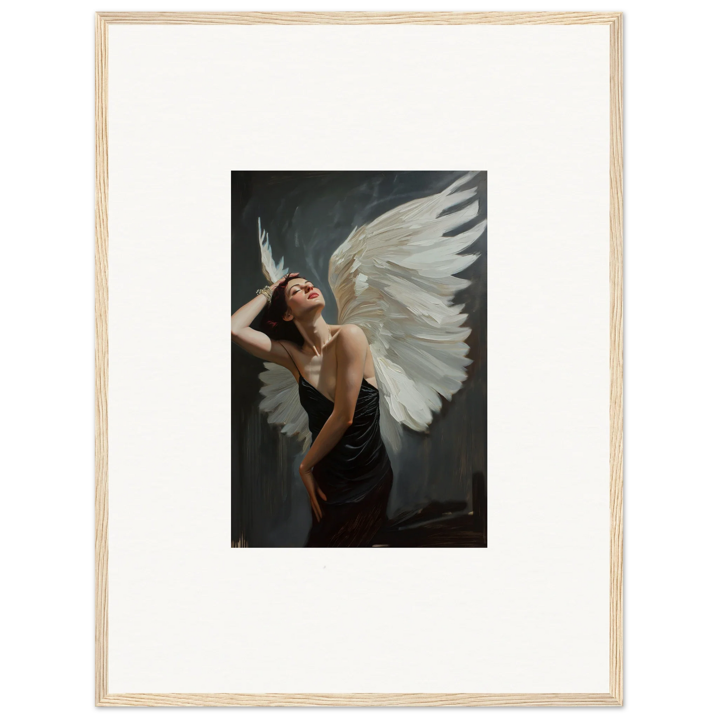 Framed canvas print of femme ascent artwork featuring a woman with white wings