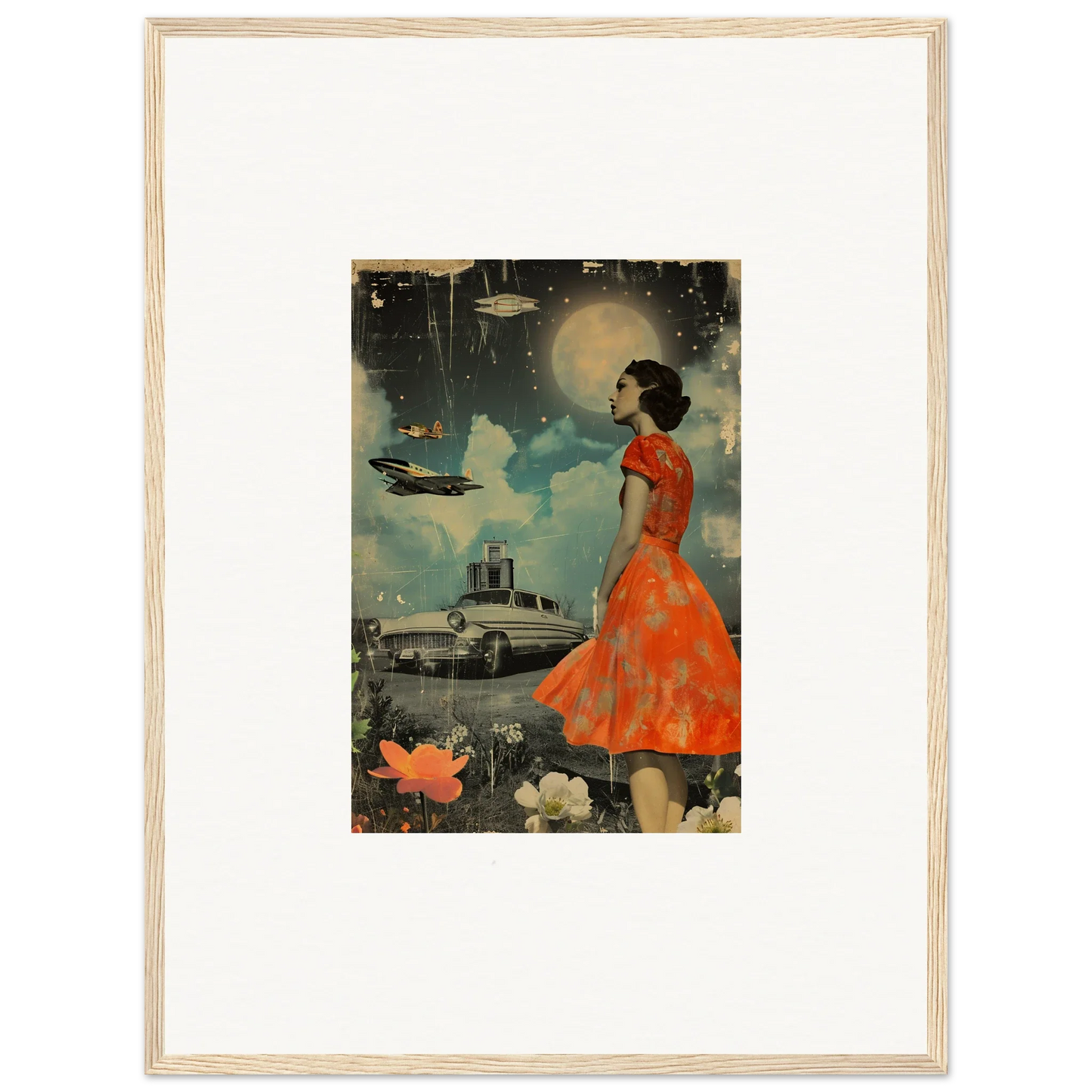 Framed vintage illustration of a woman in an orange dress for room decoration, canvas print