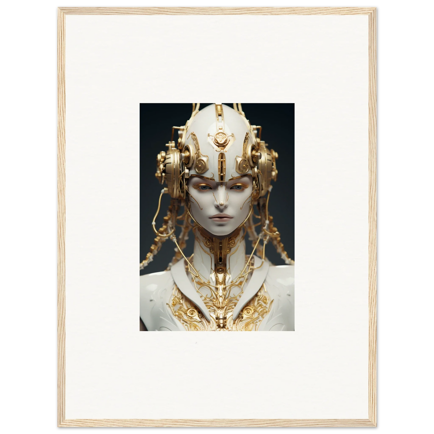 Ornate golden headdress and necklace on pale figure, ideal for Flux Radiance room decoration