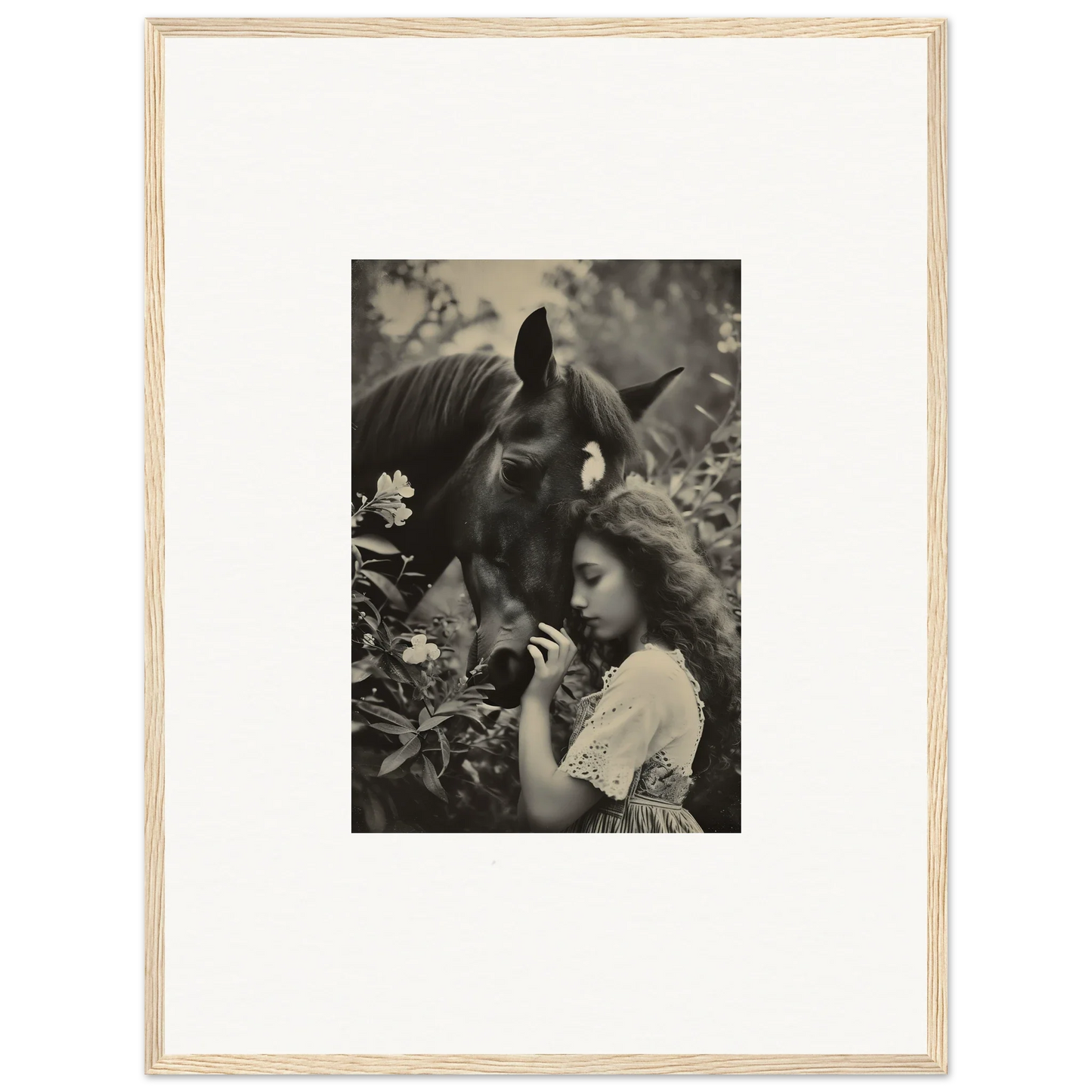 Framed black and white photo of a girl with a horse for Equinox Whispers decor