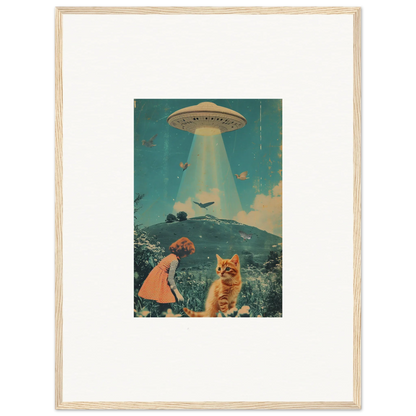 Framed canvas print of a UFO over Thought Meadows with a child and cat for unique room decoration