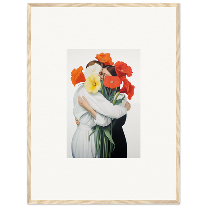 Framed canvas print of Floral Vortex Embrace with embracing figures and bright flowers