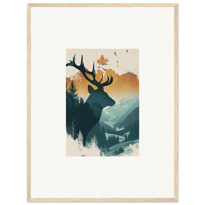 Framed canvas print of a stag haze silhouette over a stunning mountain scene for room decoration