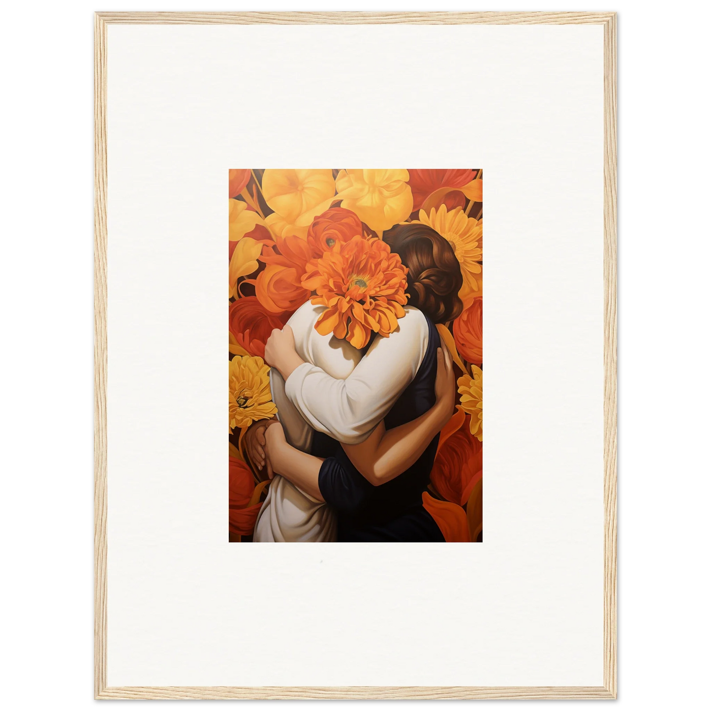 Framed Floral Euphoria Embrace canvas print with two figures and an orange flower