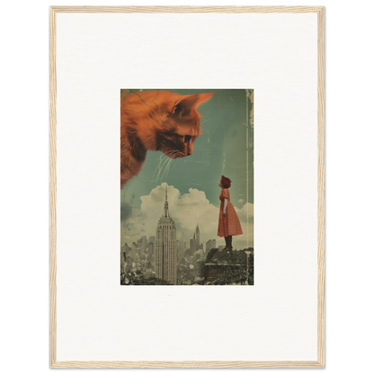 Surreal collage of a giant cat’s head over a cityscape for room decor and framed wall art