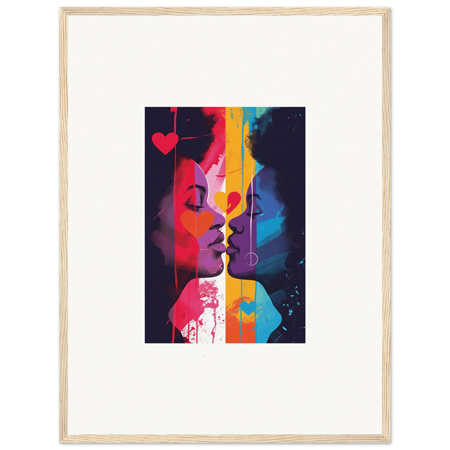 Colorful abstract canvas print of two silhouettes ready to kiss, perfect for heartwave reflection room decoration