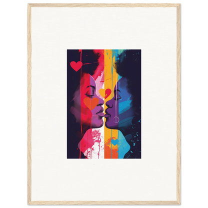 Colorful abstract canvas print of two silhouettes ready to kiss, perfect for heartwave reflection room decoration