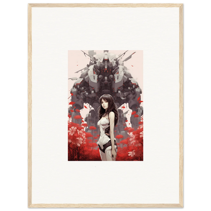 Framed canvas print of Mechanical Amour Reverie featuring a woman with robots and red details