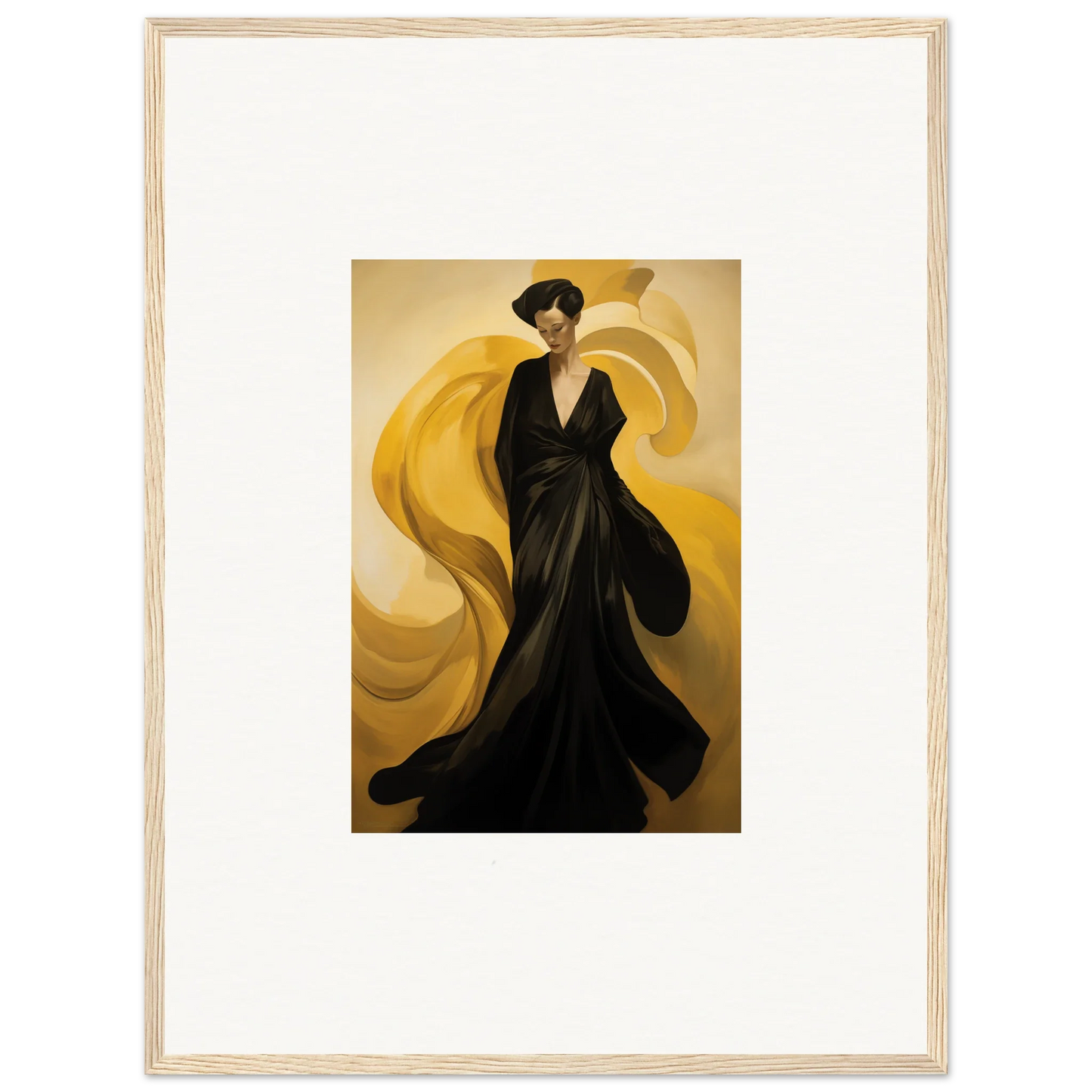 Framed canvas print of a figure in a black gown on a golden background for room decoration