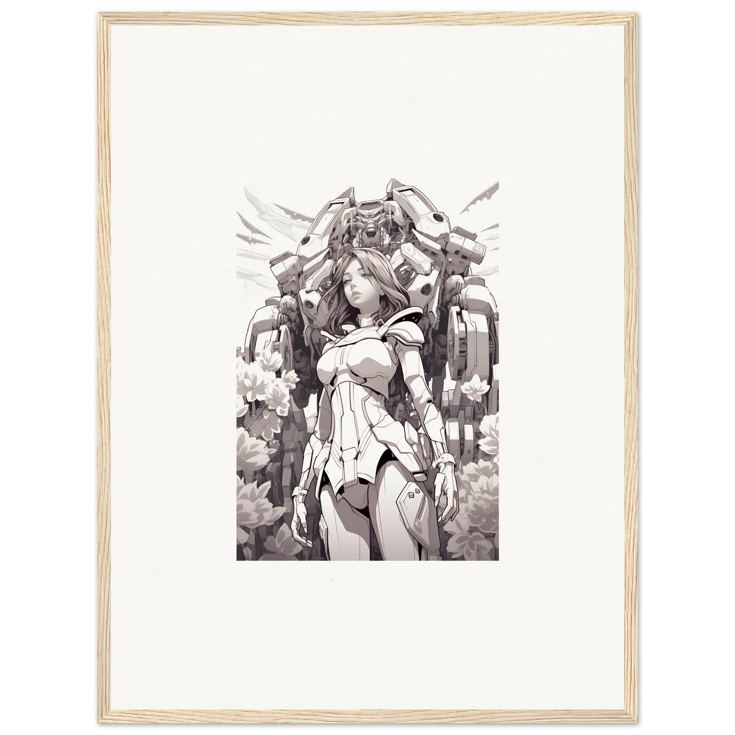 Monochromatic sketch of a female warrior with mechanical wings for dream machine canvas print