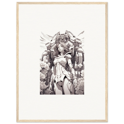 Monochromatic sketch of a female warrior with mechanical wings for dream machine canvas print