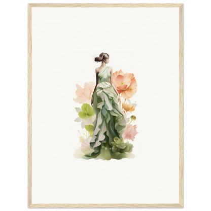 Watercolor painting of a woman in a green dress for spring symphony room decoration