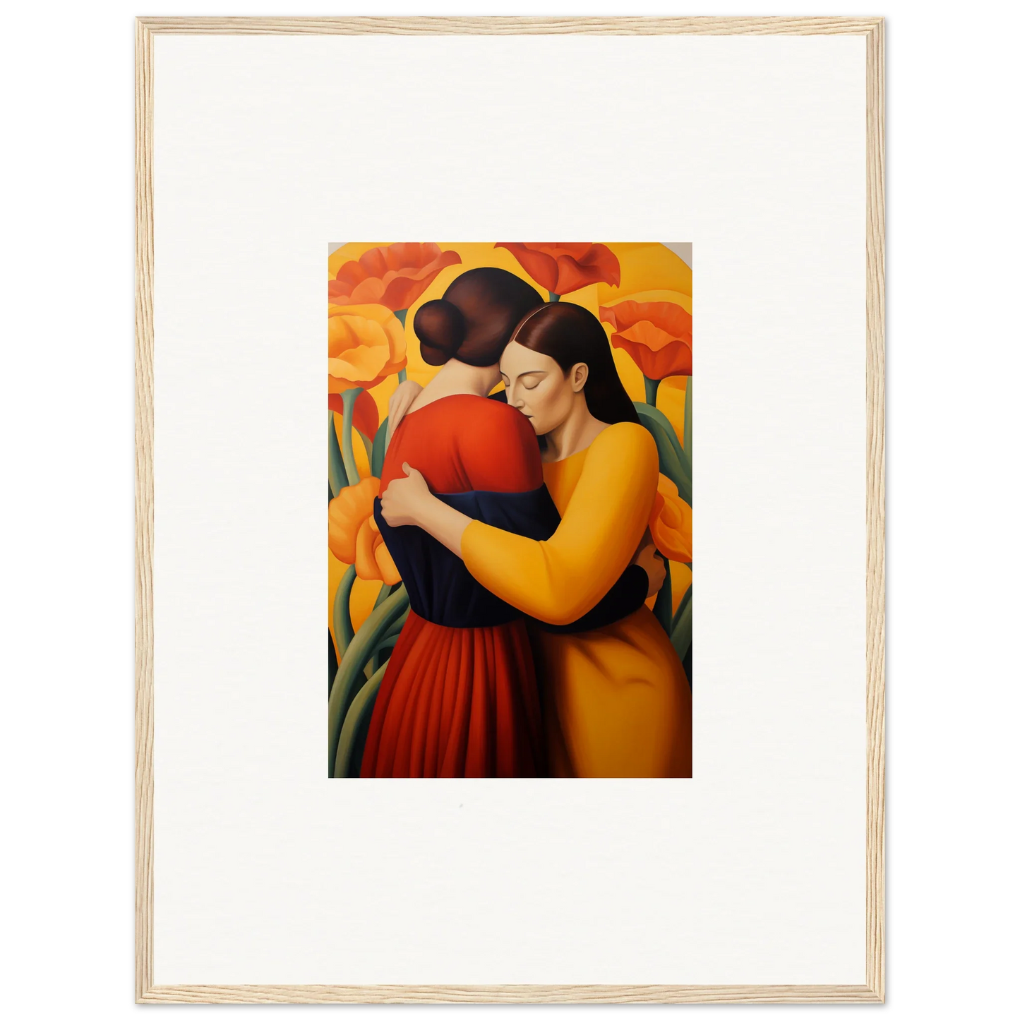 Painting of two women embracing in vibrant flowers, perfect for floral fondness room decoration