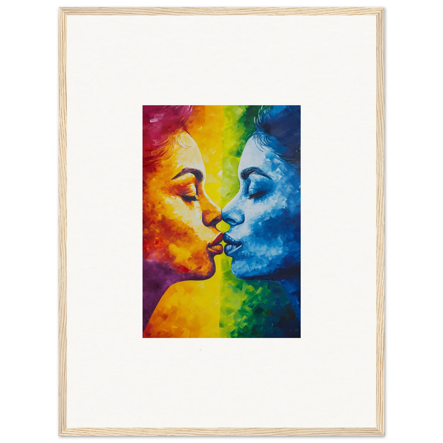 Vibrant rainbow painting of two faces kissing, perfect for room decoration as a canvas print