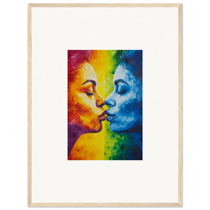 Vibrant rainbow painting of two faces kissing, perfect for room decoration as a canvas print