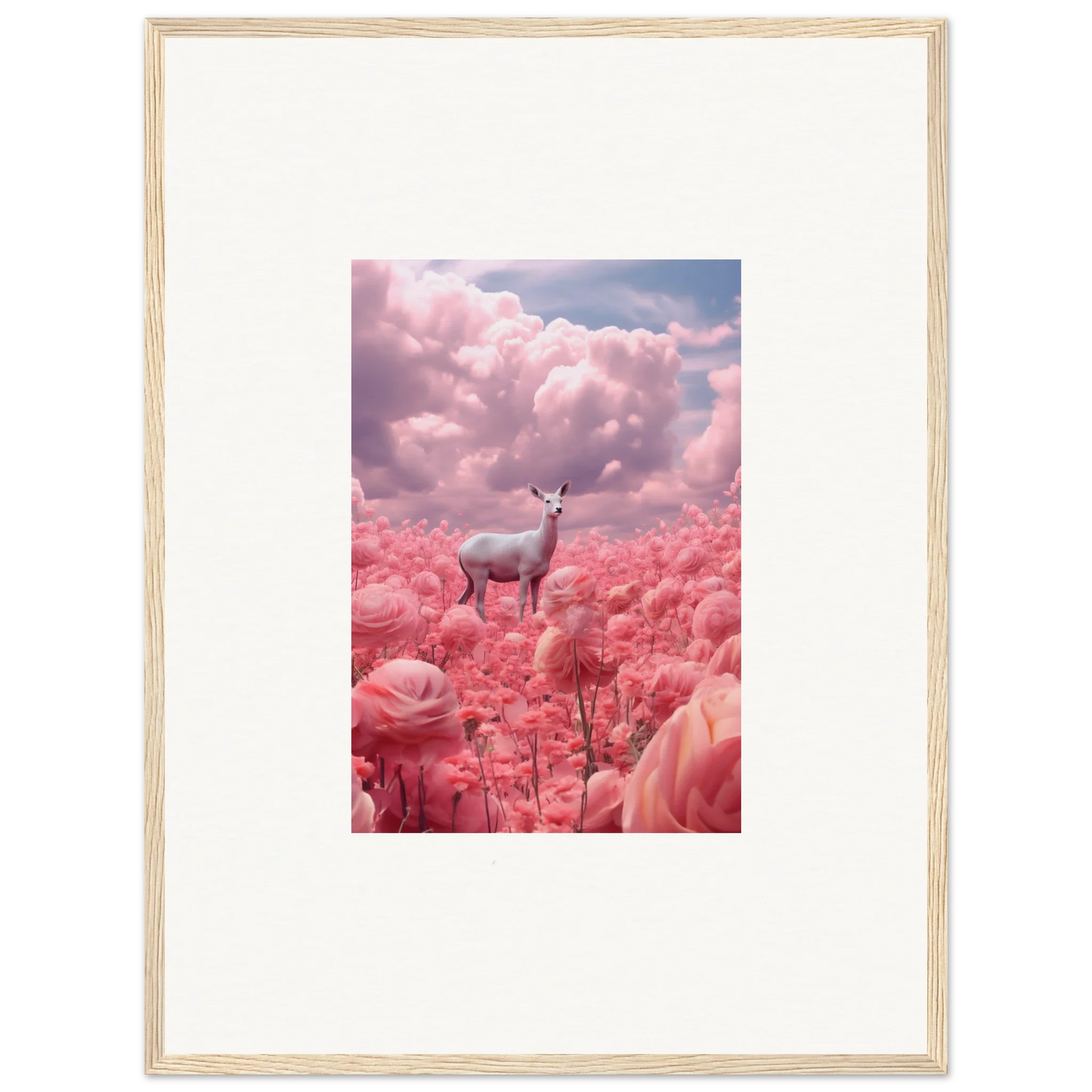 White deer among pink flowers under clouds in a dreamy canvas print for room decoration