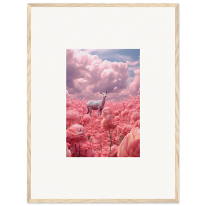 White deer among pink flowers under clouds in a dreamy canvas print for room decoration